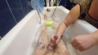 stepmom washes me in the bathroom and jerks off my cock