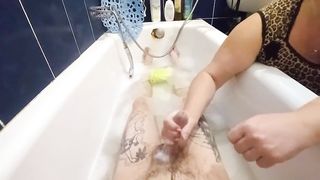 stepmom washes me in the bathroom and jerks off my cock - 11 image