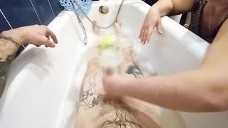 stepmom washes me in the bathroom and jerks off my cock - 9 image