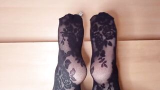 Mum's sexy black flower lace stockings on her amazing feet under the table - 11 image