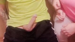 a woman jerks off my cock close up