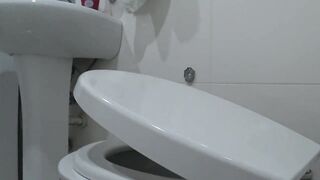 Hidden camera in the toilet spying on a mature wife. Chubby milf with hairy pussy pisses a lot. home fetish. - 14 image