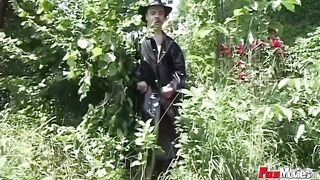 BBW bitch gives blowjob in threesome outdoors - 3 image