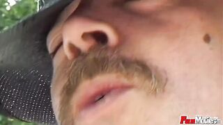 BBW bitch gives blowjob in threesome outdoors - 5 image