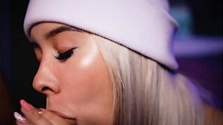 Blonde with a beautiful face demonstrates her professional ability to suck cock - 1 image