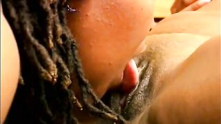 Busty ebony in heels and lingerie uses strap-on with girlfriend - 4 image