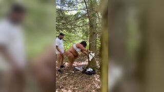 Horny milf gets fucked while on a hike in the woods