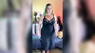 Edging Orgasms with WeVibe plus Hitachi - Black Dress Striptease - BBW 38G Torpedo Tits and G-string - Plus Size Model - 7 image