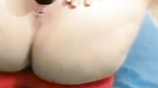 Naughty girl showing off in little white dress and red panties, playing with black dildo 20X3 on my bed, Mirelladelicia - 14 image