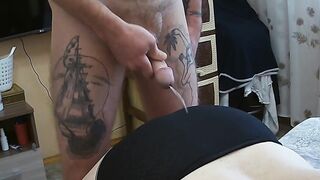 slicing cum on my fat girl after jerking off a dick - 2 image