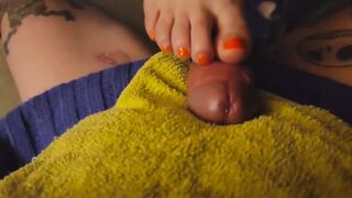 MEAN HUGE-TITTED Mature BBW Mommy Mistress Thursday giving Footjobs to punish her Boy and denies Orgasm after Orgasm - 1 image