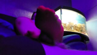 Neon footjob from a hottie in red pantyhose - 12 image