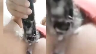 Mirelladelicia naughty bitch wanting a big dick to sit on, showing off in the bathroom playing with black dildo 20X3 - 1 image