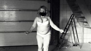 Jumping over a rope. Mature BBW MILF shaking big tits. - 4 image