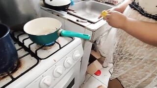 I accumulate a lot of cum in a container, my piggy slut cooks it and then eats it in the mall - 10 image