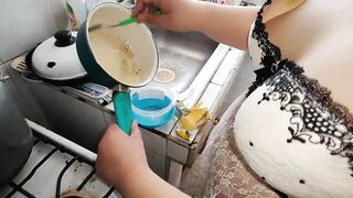 I accumulate a lot of cum in a container, my piggy slut cooks it and then eats it in the mall - 14 image