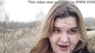 Outdoor Facial on a beautiful Face chubby Girl after a Blowjob