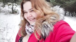 Cum in the mouth and on the tits of a redheaded slut in the woods