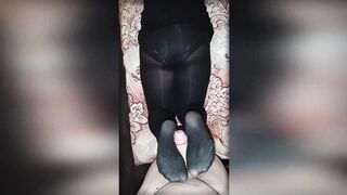 A curvy beauty in black tights jerks off my dick with her legs. Footjob in opaque pantyhose. - 15 image