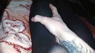 I caress the feet of my mistress in dark tights. Feet in black pantyhose foot fetish. CurvySugarAss - 2 image