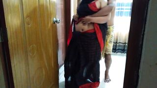Asian hot saree and bra wearing 35 year old BBW aunty tied her hands to the door & fucked by neighbor - Huge cum Inside - 2 image