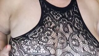 Beautiful masked bbw mature mom in black lingerie shows her fat tasty ass and pussy. - 2 image