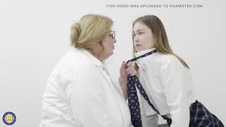 Two schoolgirls lick and fuck two big lesbian teachers at