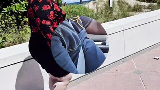 Hijab Muslim woman spread big pussy lips wide open and pissed outdoor for stranger (jerking off publicly) bust a nut (car) - 3 image