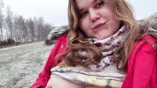 Cute BBW sucked off in nature and got cum in her mouth - teases with big natural tits - 15 image