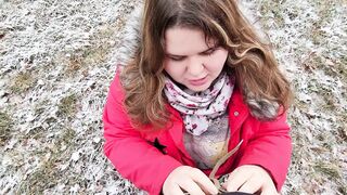 Cute BBW sucked off in nature and got cum in her mouth - teases with big natural tits