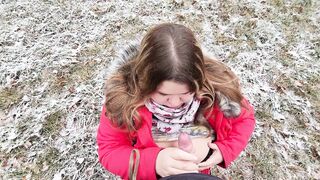 Cute BBW sucked off in nature and got cum in her mouth - teases with big natural tits - 4 image