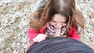 Cute BBW sucked off in nature and got cum in her mouth - teases with big natural tits - 5 image