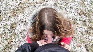 Cute BBW sucked off in nature and got cum in her mouth - teases with big natural tits - 6 image