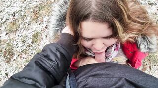 Cute BBW sucked off in nature and got cum in her mouth - teases with big natural tits - 8 image