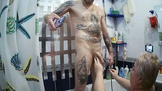 mother-in-law shaves my cock and balls and then jerks off to a cumshot - 1 image