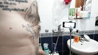 mother-in-law shaves my dick and balls in the bathroom and then jerks off to a cumshot - 2 image