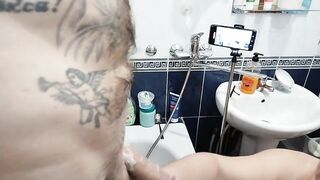 mother-in-law shaves my dick and balls in the bathroom and then jerks off to a cumshot - 4 image