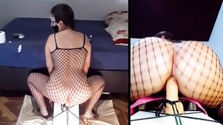 Anal, cowgirl riding dildo from front and back part 2