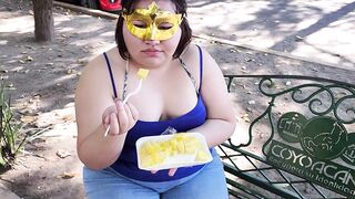 I suck my man's ass, cock and balls, extract a lot of cum and eat it with pineapple in public