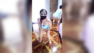 Undressing, blue dress and printed panties - 3 image