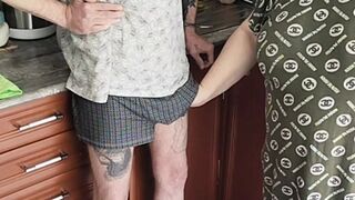 sperm flows powerfully from the penis after it has been jerked off by a fat woman