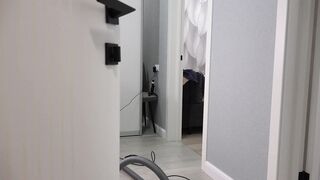 A home camera watches a mature housewife with a thick butt under a short robe and big tits. Chubby MILF behind the scenes. PAWG. - 3 image