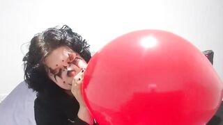 Clown girl Blowing up and popping huge balloon - 6 image