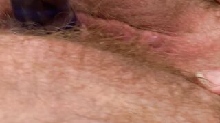 Close-up Hairy Blonde American MILF Fucks Her Tight Pussy With Glass Dildo and Squirts - 8 image