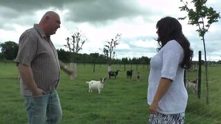 Riding his old and thick cock on the lawn