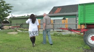 Riding his old and thick cock on the lawn