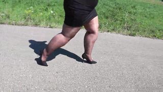 Mature BBW in nylon pantyhose and high heels walks down the public road Foot fetish Big booty ASMR - 15 image