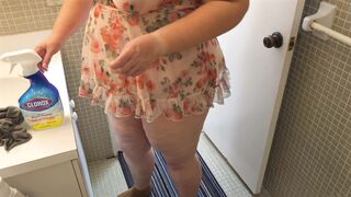 Cleaning lady step into bathroom and showing her giant ass and pussy close up - big fat booty big natural tits milf wet - dress - 14 image