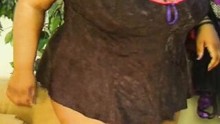 Ebony BBW gets her pussy satisfied with toys and pumped deep by a guy on the sofa