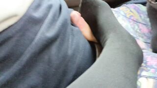 Car Footjob in Pantyhose, Milked Quickly in the Car